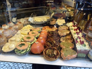 These aren't pastries, they are made from sea food - salmon terrines and little crab things (the green ones next to far right looked just like little crabs in pink shells.  Beautiful!